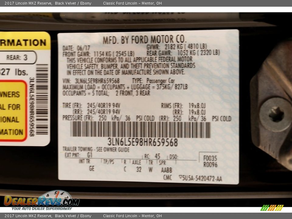 2017 Lincoln MKZ Reserve Black Velvet / Ebony Photo #26