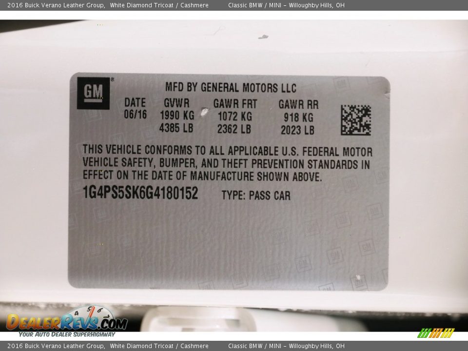2016 Buick Verano Leather Group White Diamond Tricoat / Cashmere Photo #18
