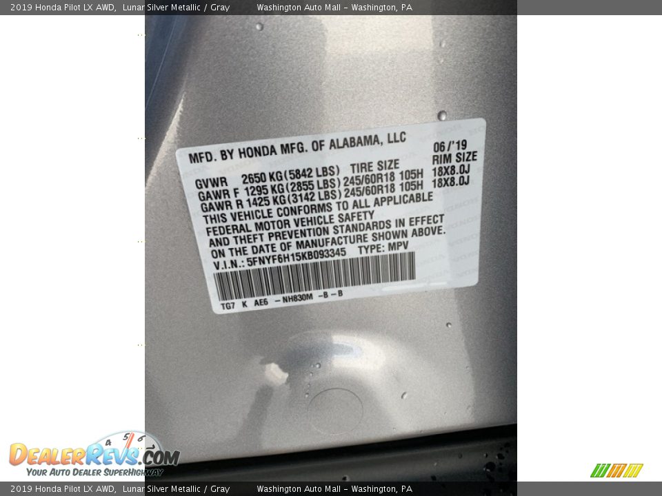 2019 Honda Pilot LX AWD Lunar Silver Metallic / Gray Photo #9