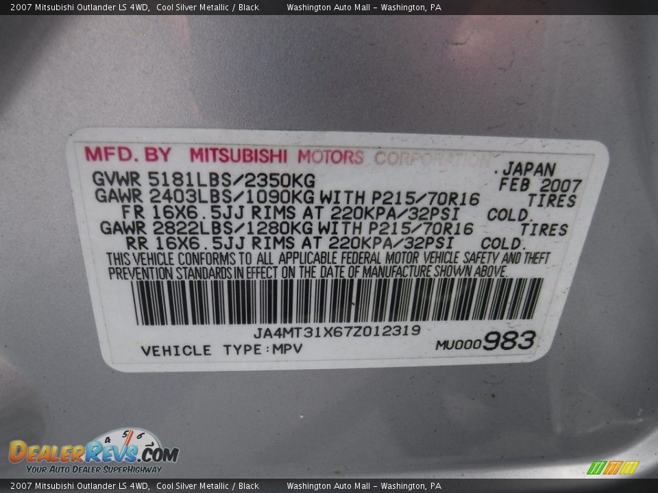 2007 Mitsubishi Outlander LS 4WD Cool Silver Metallic / Black Photo #24