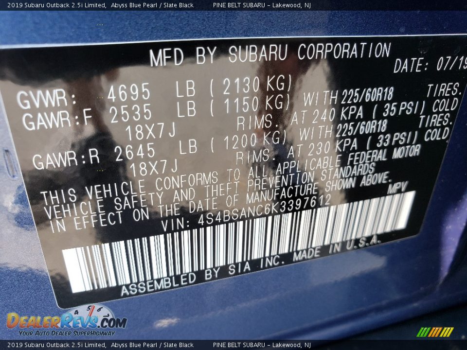 2019 Subaru Outback 2.5i Limited Abyss Blue Pearl / Slate Black Photo #9