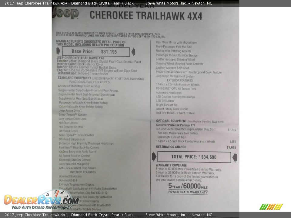 2017 Jeep Cherokee Trailhawk 4x4 Diamond Black Crystal Pearl / Black Photo #34