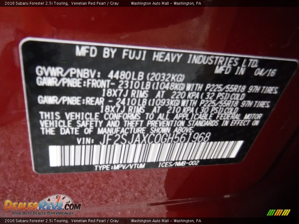 2016 Subaru Forester 2.5i Touring Venetian Red Pearl / Gray Photo #28