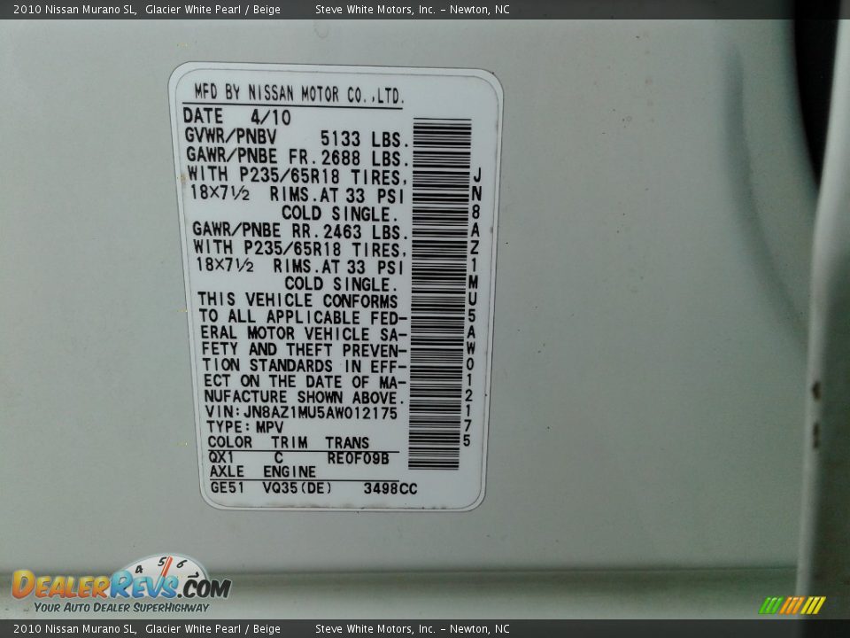 2010 Nissan Murano SL Glacier White Pearl / Beige Photo #32