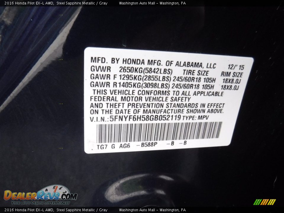 2016 Honda Pilot EX-L AWD Steel Sapphire Metallic / Gray Photo #31