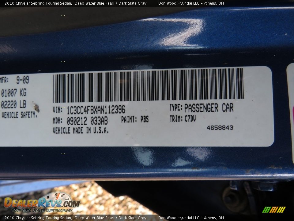 2010 Chrysler Sebring Touring Sedan Deep Water Blue Pearl / Dark Slate Gray Photo #36
