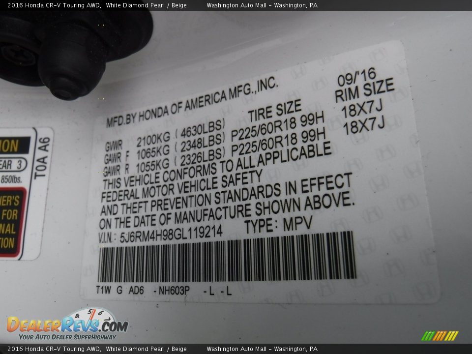 2016 Honda CR-V Touring AWD White Diamond Pearl / Beige Photo #32