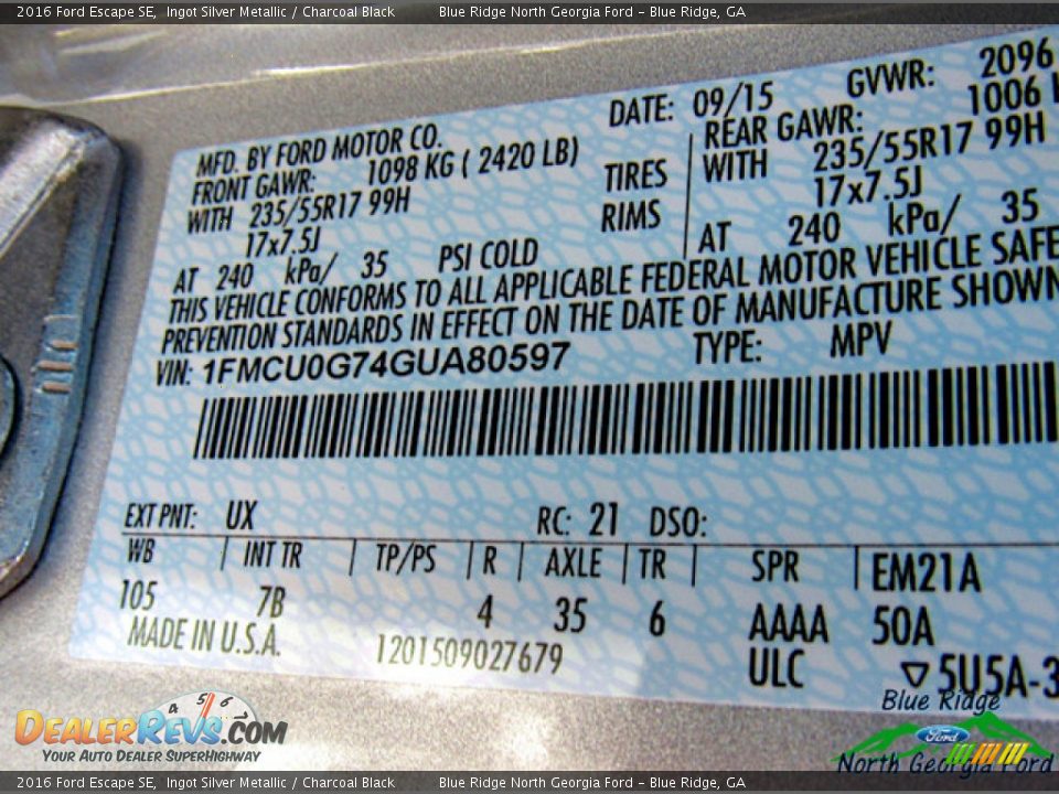 2016 Ford Escape SE Ingot Silver Metallic / Charcoal Black Photo #25