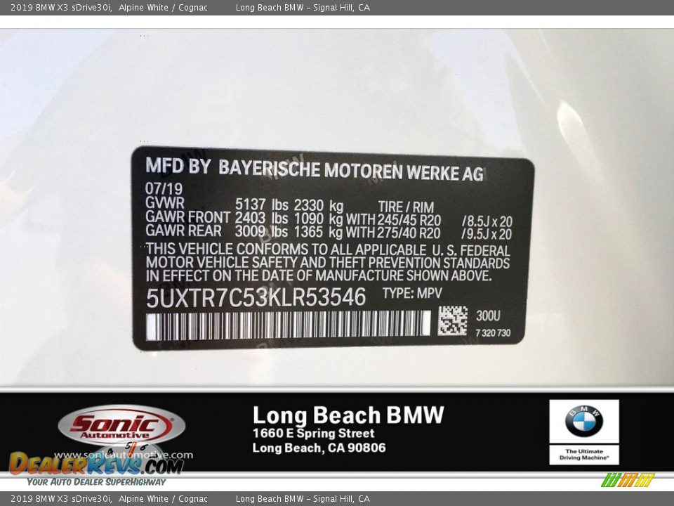 2019 BMW X3 sDrive30i Alpine White / Cognac Photo #11