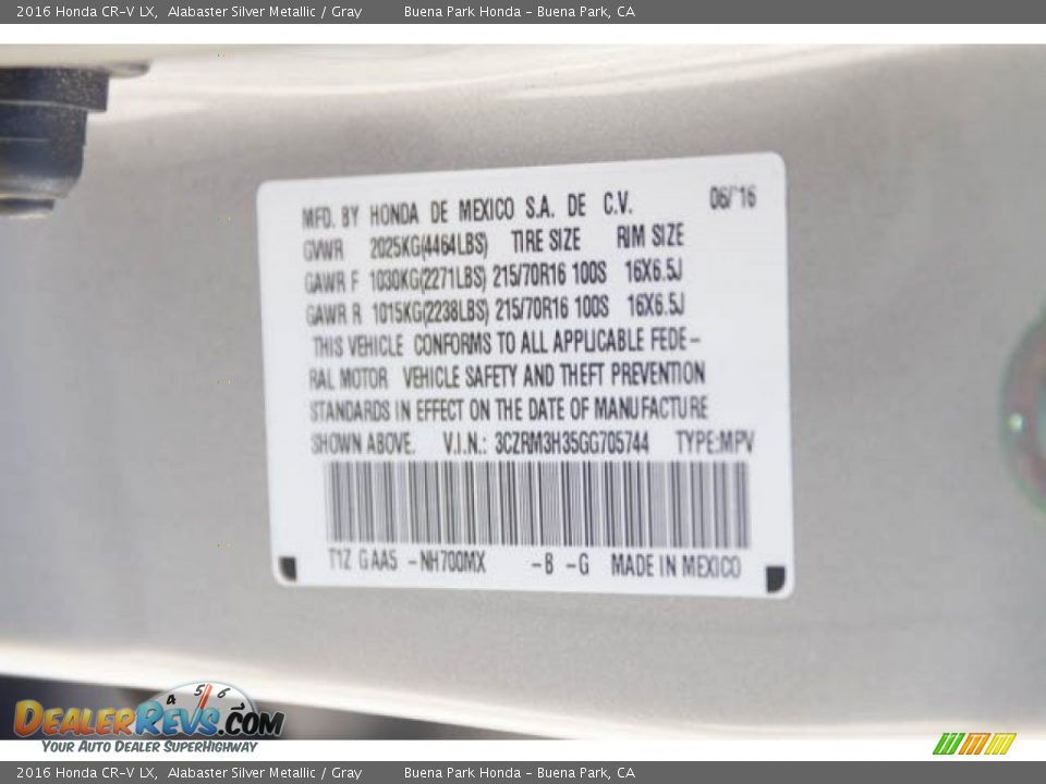 2016 Honda CR-V LX Alabaster Silver Metallic / Gray Photo #34