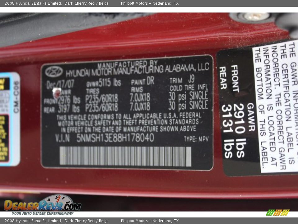 2008 Hyundai Santa Fe Limited Dark Cherry Red / Beige Photo #26