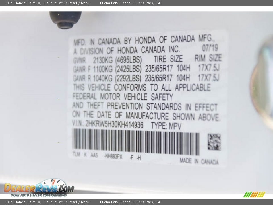 2019 Honda CR-V LX Platinum White Pearl / Ivory Photo #35