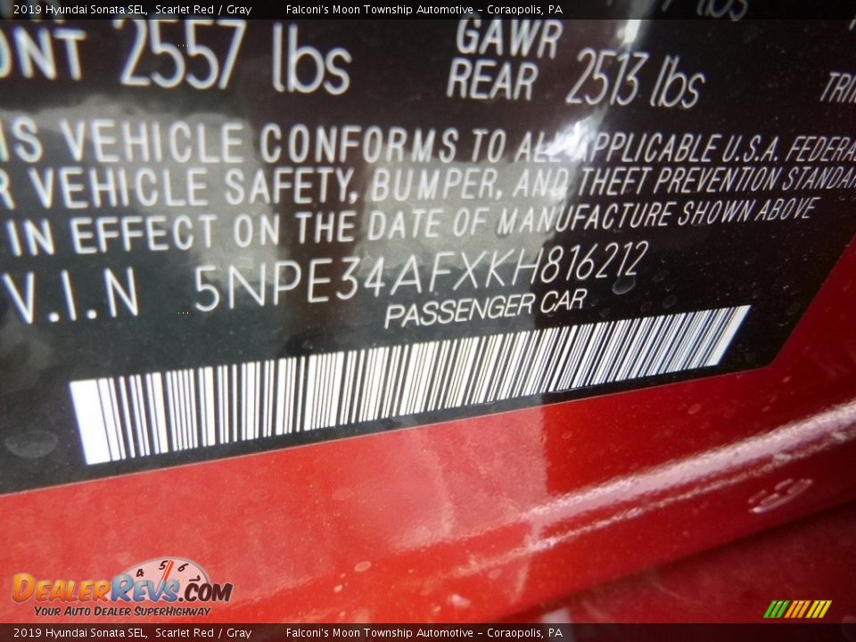 2019 Hyundai Sonata SEL Scarlet Red / Gray Photo #12