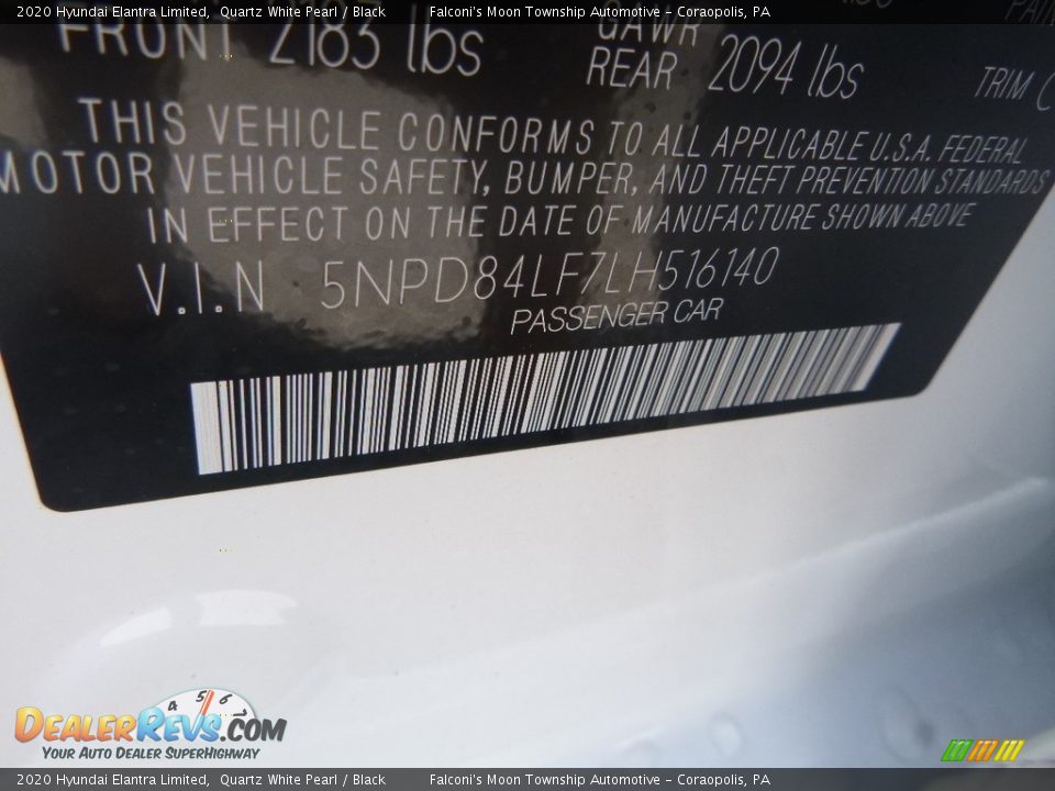 2020 Hyundai Elantra Limited Quartz White Pearl / Black Photo #12