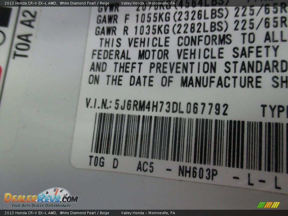 2013 Honda CR-V EX-L AWD White Diamond Pearl / Beige Photo #19