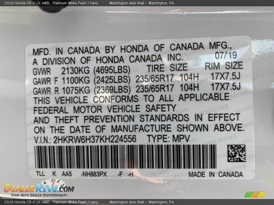 2019 Honda CR-V LX AWD Platinum White Pearl / Ivory Photo #9