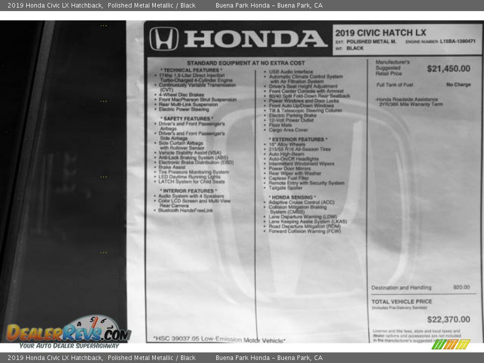 2019 Honda Civic LX Hatchback Polished Metal Metallic / Black Photo #36