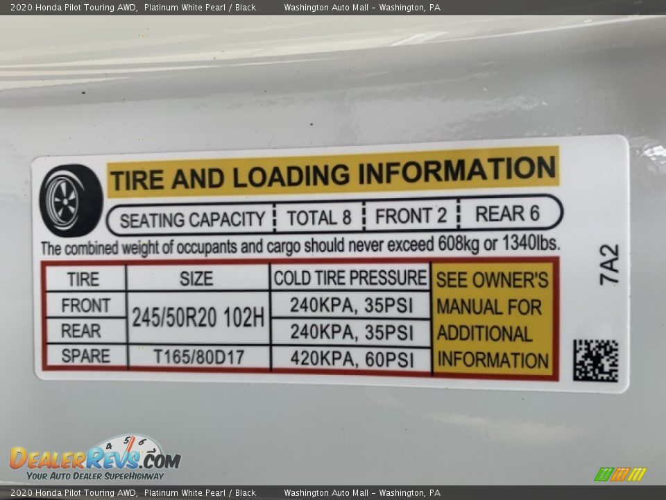 Info Tag of 2020 Honda Pilot Touring AWD Photo #8