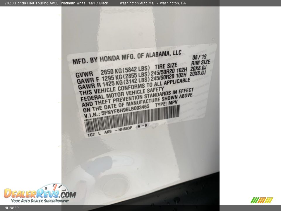 Honda Color Code NH883P Platinum White Pearl