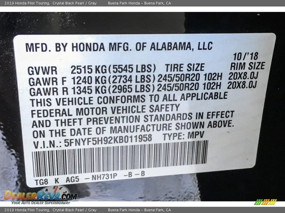 2019 Honda Pilot Touring Crystal Black Pearl / Gray Photo #11