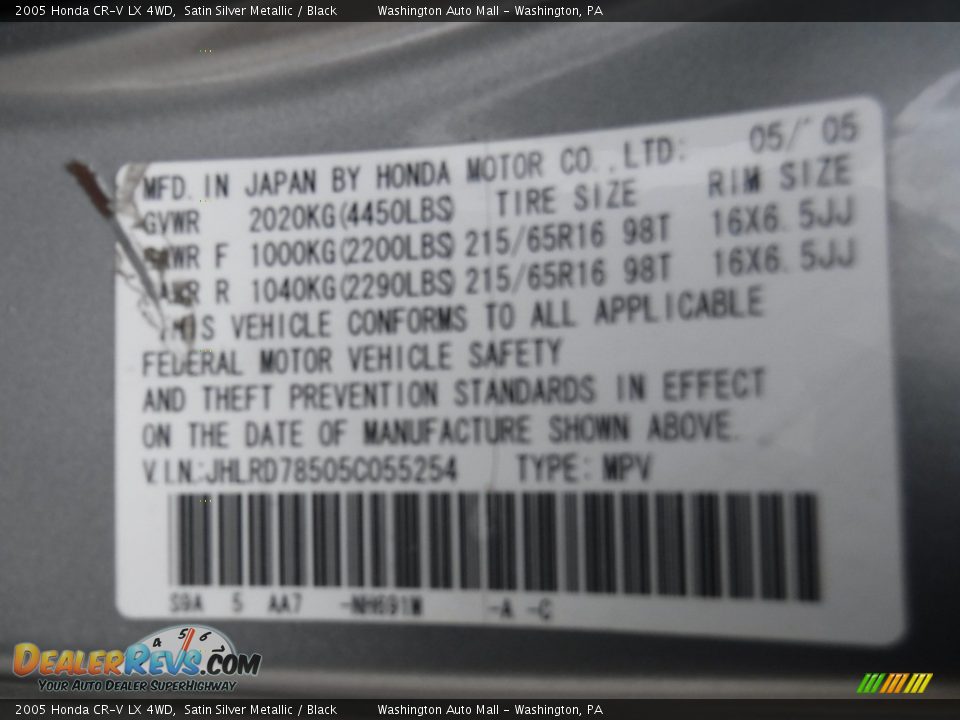 2005 Honda CR-V LX 4WD Satin Silver Metallic / Black Photo #22