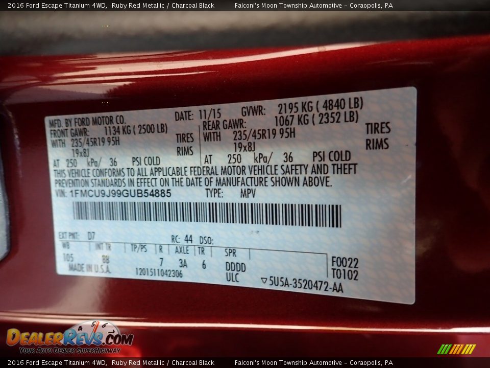2016 Ford Escape Titanium 4WD Ruby Red Metallic / Charcoal Black Photo #23