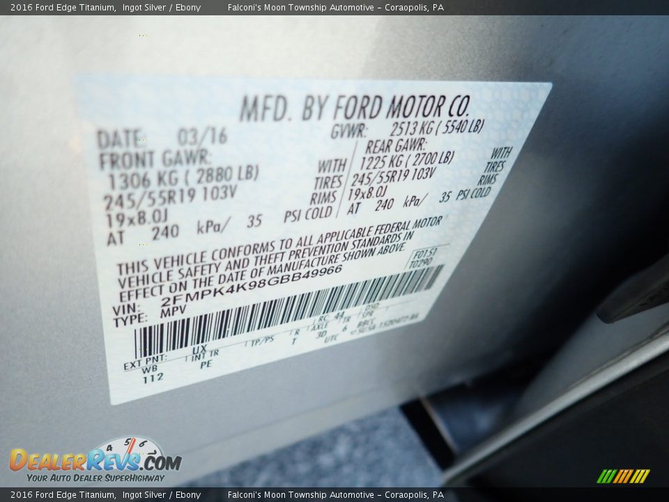 2016 Ford Edge Titanium Ingot Silver / Ebony Photo #23