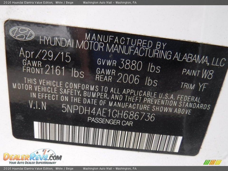 2016 Hyundai Elantra Value Edition White / Beige Photo #24