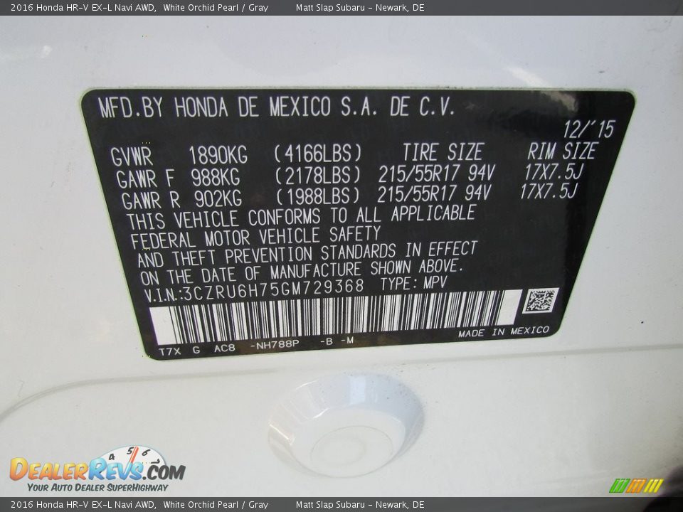 2016 Honda HR-V EX-L Navi AWD White Orchid Pearl / Gray Photo #30