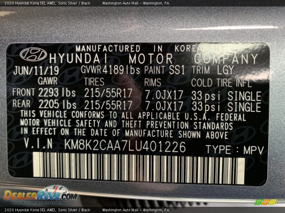 2020 Hyundai Kona SEL AWD Sonic Silver / Black Photo #10