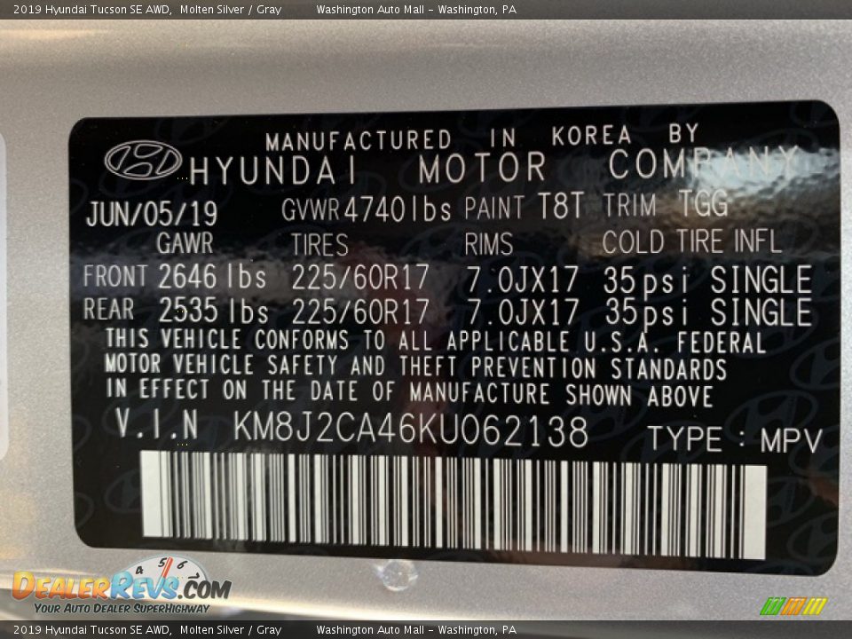 2019 Hyundai Tucson SE AWD Molten Silver / Gray Photo #10