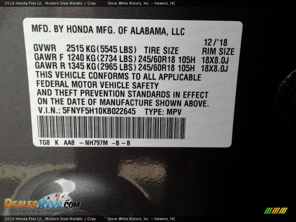 2019 Honda Pilot LX Modern Steel Metallic / Gray Photo #32