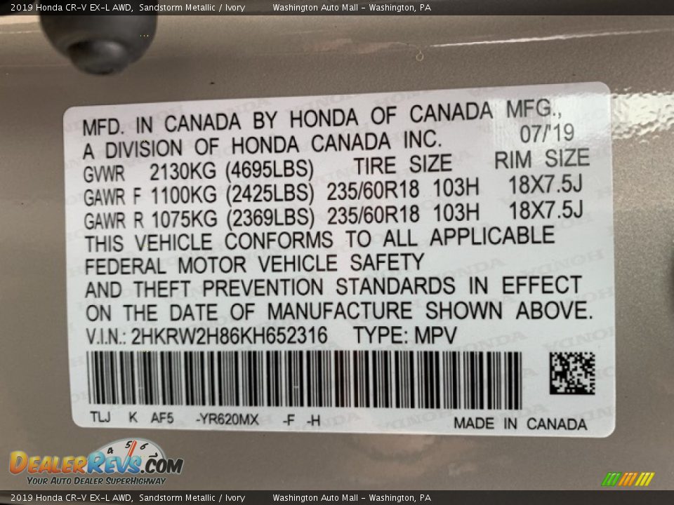 2019 Honda CR-V EX-L AWD Sandstorm Metallic / Ivory Photo #9