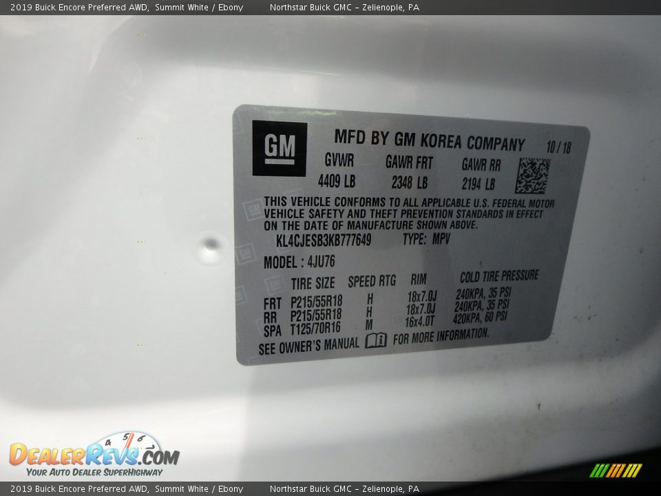 2019 Buick Encore Preferred AWD Summit White / Ebony Photo #17