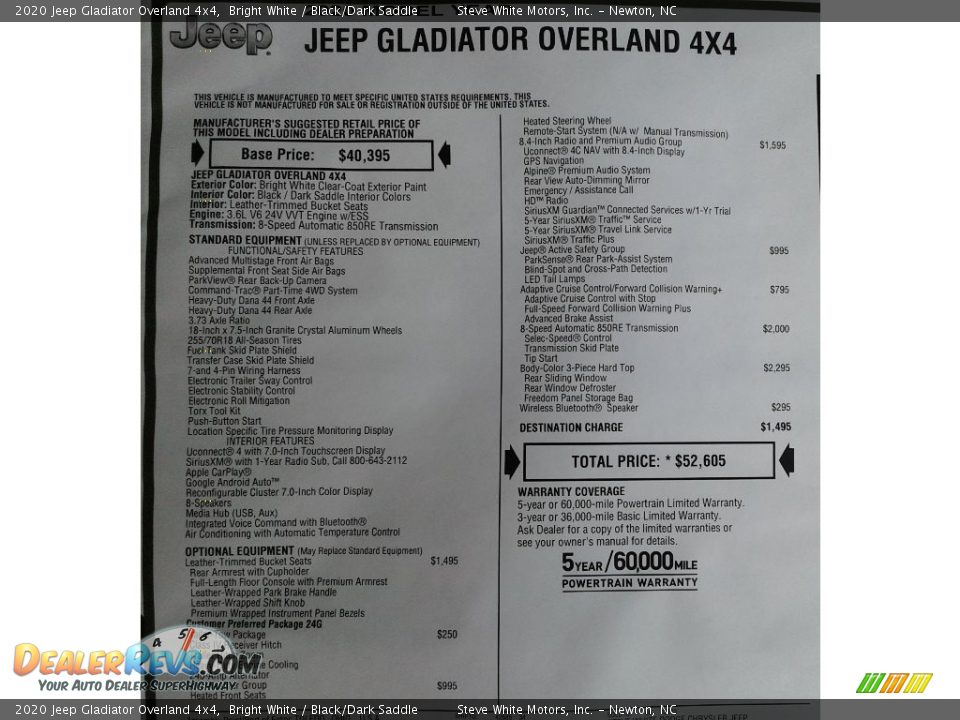 2020 Jeep Gladiator Overland 4x4 Bright White / Black/Dark Saddle Photo #35