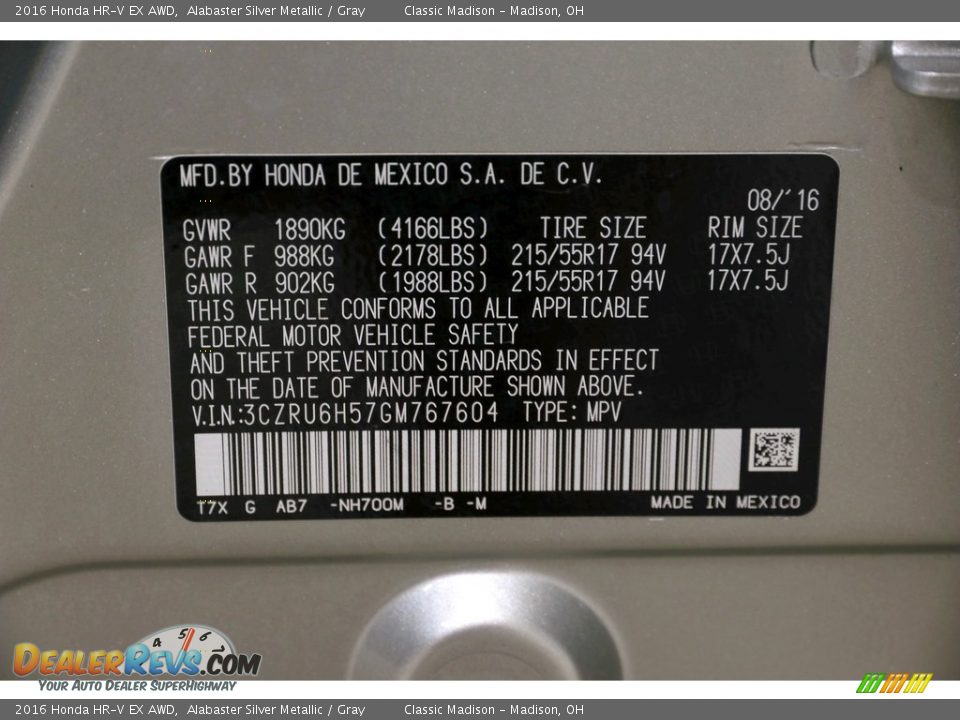 2016 Honda HR-V EX AWD Alabaster Silver Metallic / Gray Photo #20