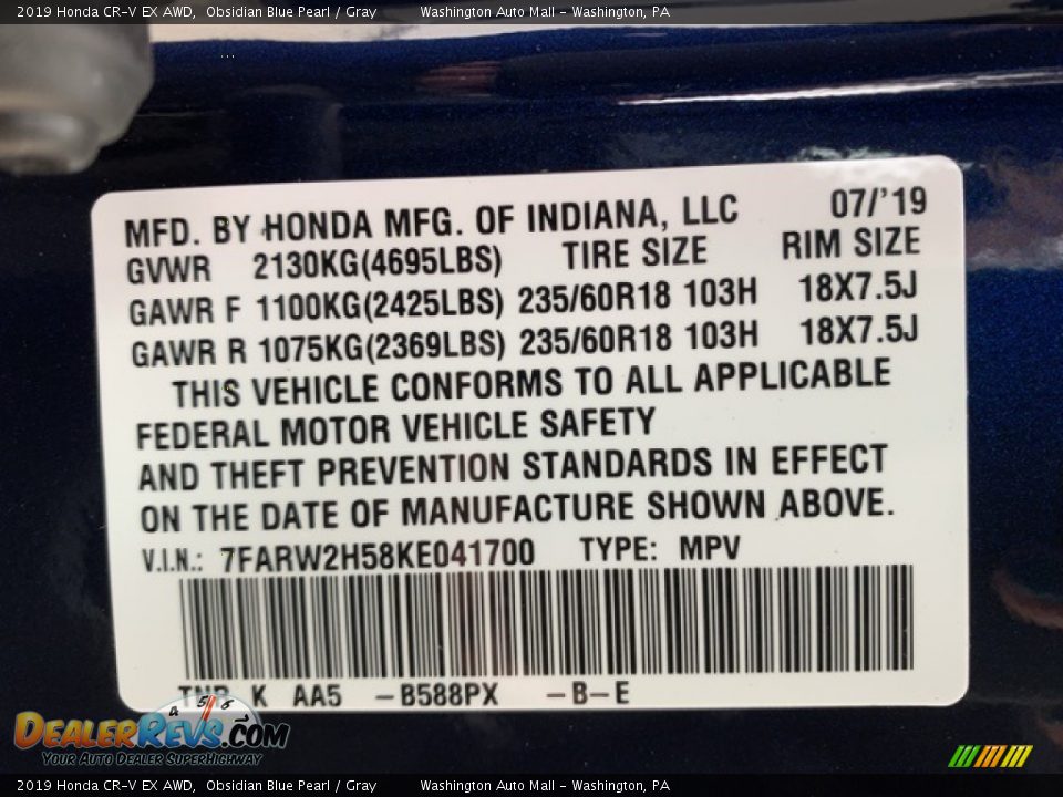 2019 Honda CR-V EX AWD Obsidian Blue Pearl / Gray Photo #9