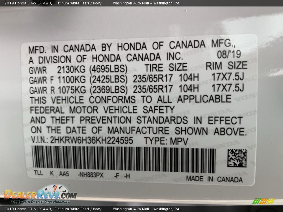 2019 Honda CR-V LX AWD Platinum White Pearl / Ivory Photo #9