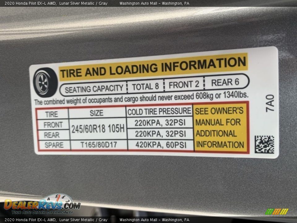 Info Tag of 2020 Honda Pilot EX-L AWD Photo #8