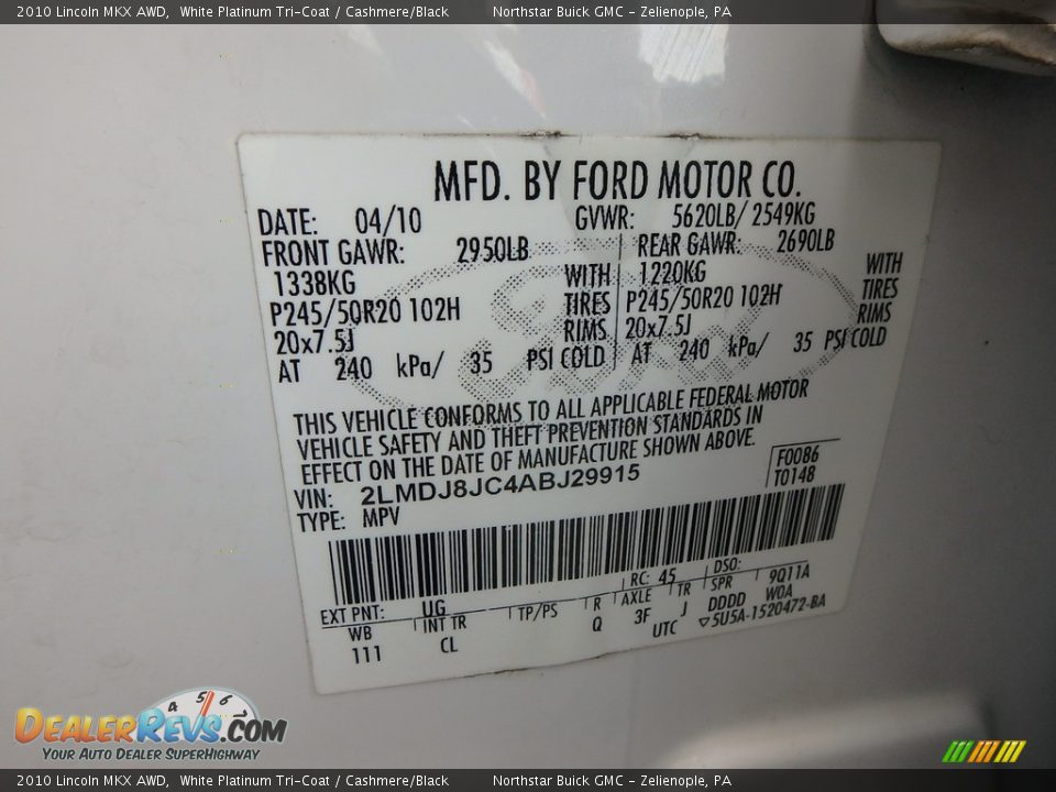 2010 Lincoln MKX AWD White Platinum Tri-Coat / Cashmere/Black Photo #18