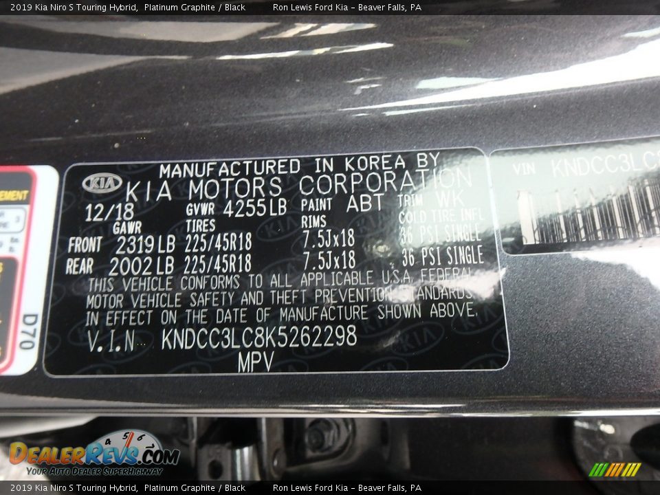 2019 Kia Niro S Touring Hybrid Platinum Graphite / Black Photo #12