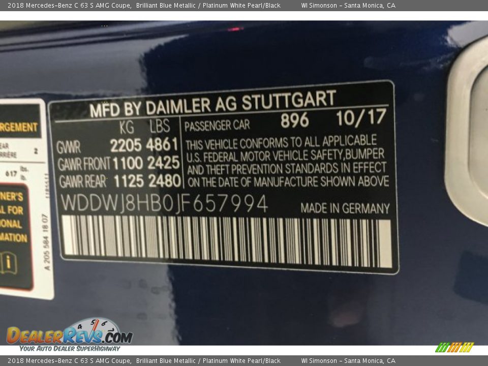 2018 Mercedes-Benz C 63 S AMG Coupe Brilliant Blue Metallic / Platinum White Pearl/Black Photo #23