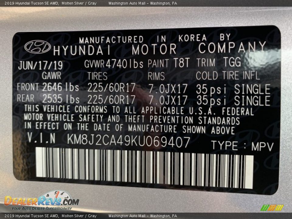 2019 Hyundai Tucson SE AWD Molten Silver / Gray Photo #10