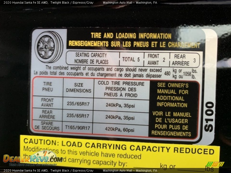 Info Tag of 2020 Hyundai Santa Fe SE AWD Photo #9