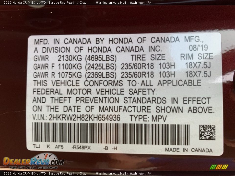 2019 Honda CR-V EX-L AWD Basque Red Pearl II / Gray Photo #9
