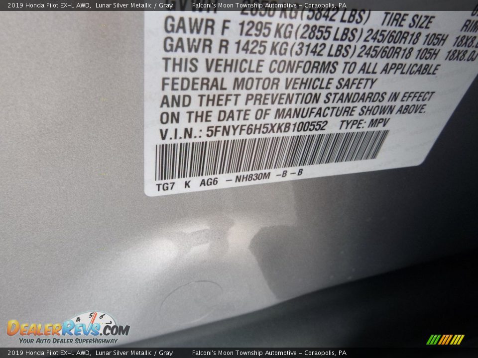 2019 Honda Pilot EX-L AWD Lunar Silver Metallic / Gray Photo #12