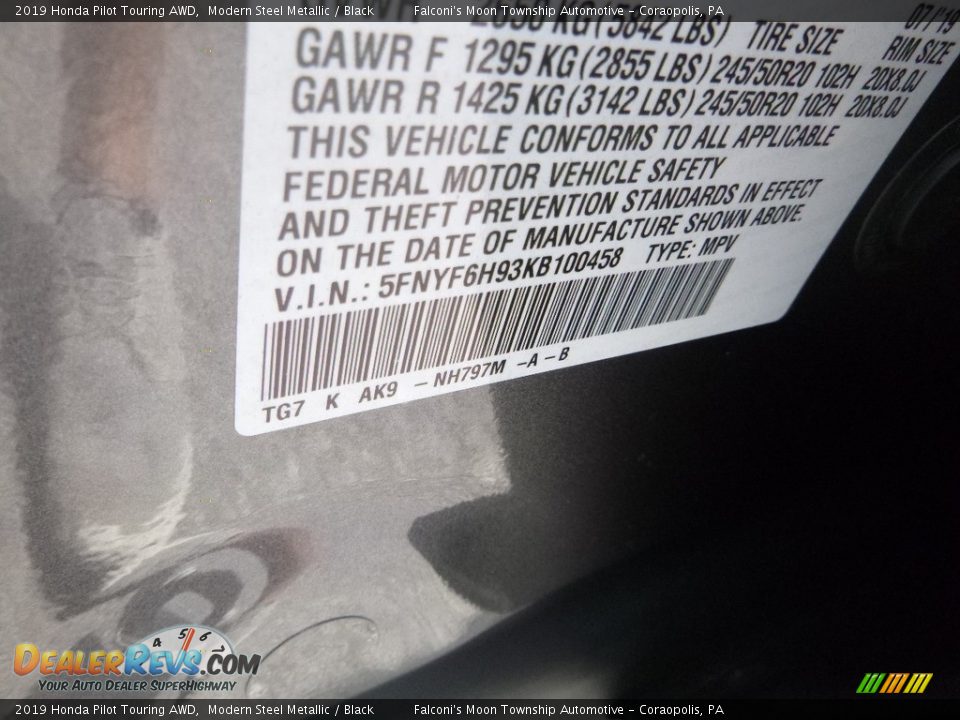 2019 Honda Pilot Touring AWD Modern Steel Metallic / Black Photo #12