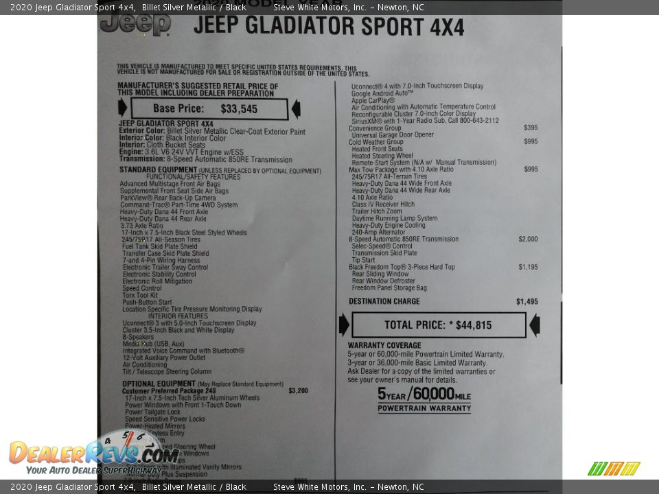 2020 Jeep Gladiator Sport 4x4 Window Sticker Photo #31