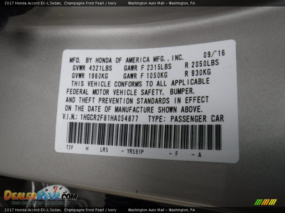 2017 Honda Accord EX-L Sedan Champagne Frost Pearl / Ivory Photo #29