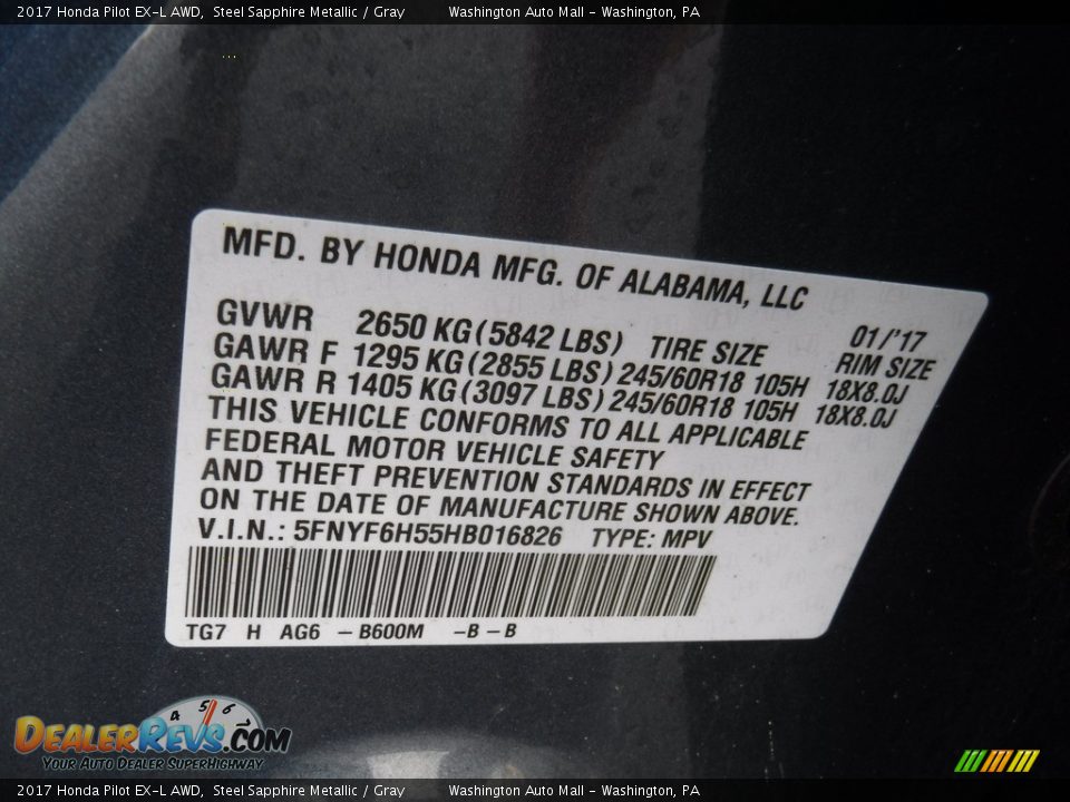 2017 Honda Pilot EX-L AWD Steel Sapphire Metallic / Gray Photo #29